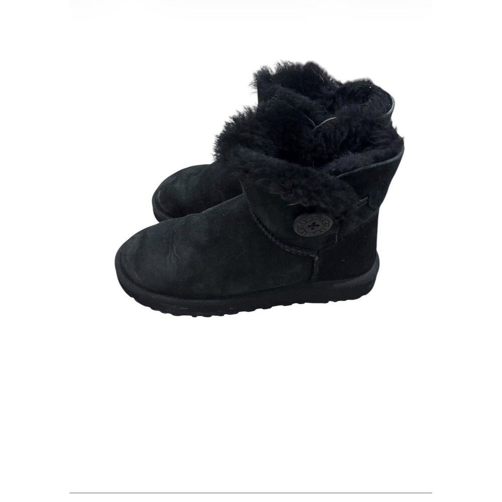 UGG Mini Bailey Button II Black Suede Sheepskin Ankle Boots Size US 7 Women